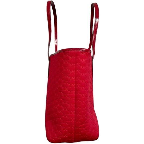 Michael Michael Kors Red Embossed Logo Scuba Fabric Patent Strap Large Tote Bag - Picture 3 of 12